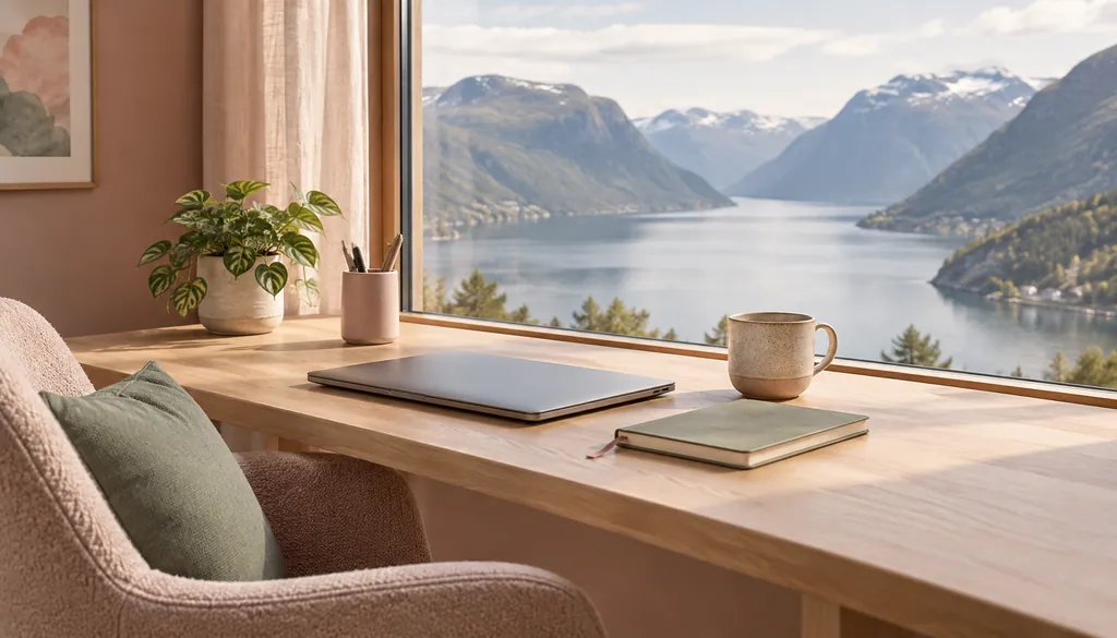 Ryddig arbeidsplass i lys eik ved vinduet med lukket laptop, salviegrønn notatbok, keramikkopp og pennholder, og utsikt mot fjord og fjell
