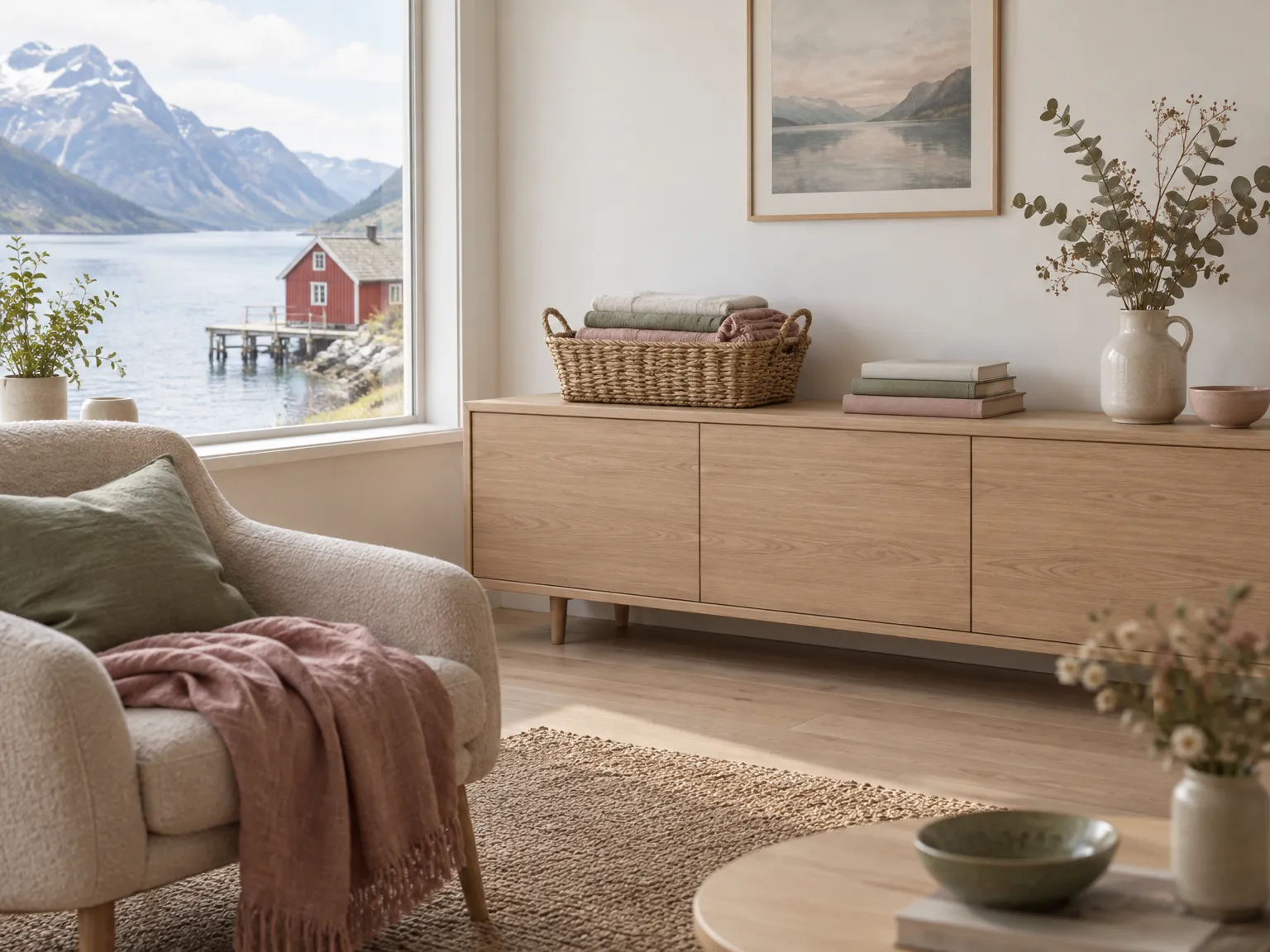 Lys og ryddig stue med utsikt mot fjorden